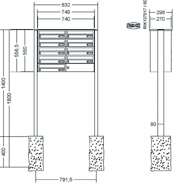 RENZ Briefkastenanlage freistehend, Basic B, Kastenformat 370x110x270mm, 9-teilig, zum Einbetonieren